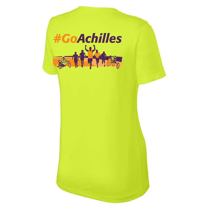 Safety yellow t-shirt with '#GoAchilles' text and graphic on a white background