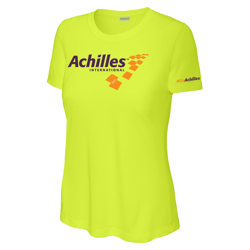 Safety Yellow t-shirt with Achilles International logo on a white background