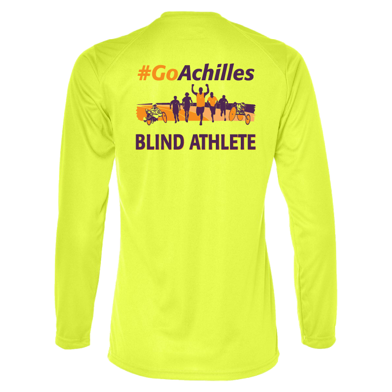 Neon Yellow womens long sleeve t-shirt with '#GoAchilles Blind Athlete' text on back of shirt. There is a graphic of athletes running.