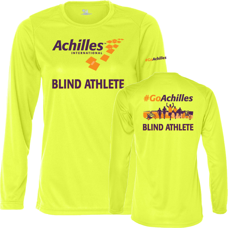 Front and back view of neon yellow womens long sleeve t-shirt. The front reads ' Achilles International Blind Athlete' and the back has a graphic of people running with the text "#GoAchilles Blind Athlete.'