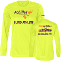 Front and back view of neon yellow womens long sleeve t-shirt. The front reads ' Achilles International Blind Athlete' and the back has a graphic of people running with the text "#GoAchilles Blind Athlete.'