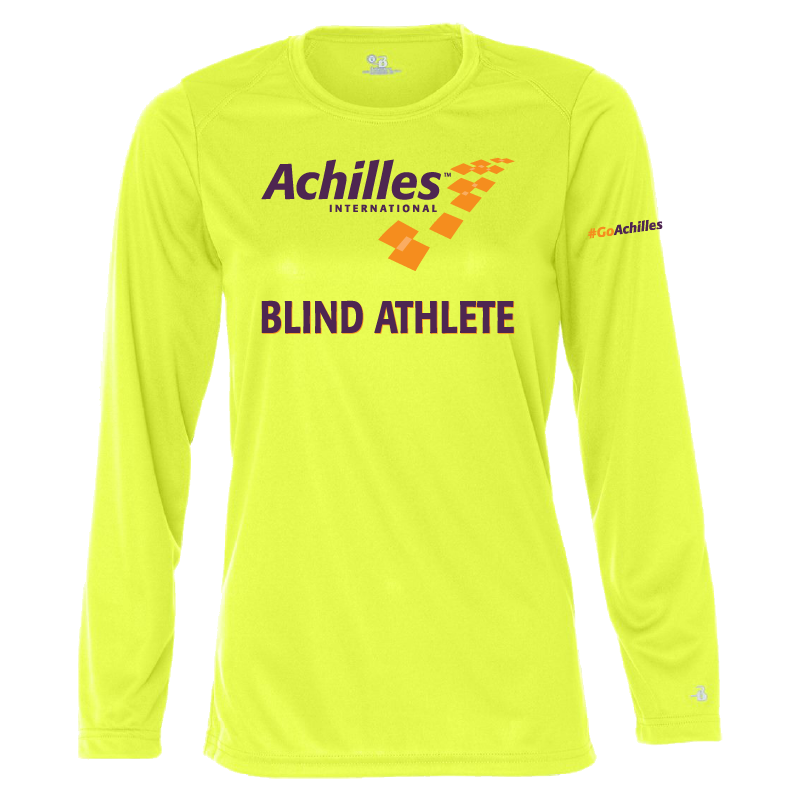 Neon Yellow womens long sleeve t-shirt with 'Achilles International Blind Athlete' text on the front.