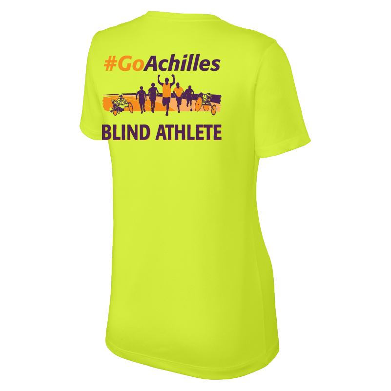 Neon Yellow womens t-shirt with '#GoAchilles Blind Athlete' text on back of shirt. There is a graphic of athletes running.