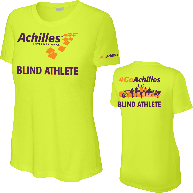 Front and back view of neon yellow womens t-shirt. The front reads ' Achilles International Blind Athlete' and the back has a graphic of people running with the text "#GoAchilles Blind Athlete.'