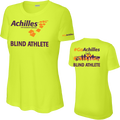 Front and back view of neon yellow womens t-shirt. The front reads ' Achilles International Blind Athlete' and the back has a graphic of people running with the text "#GoAchilles Blind Athlete.'