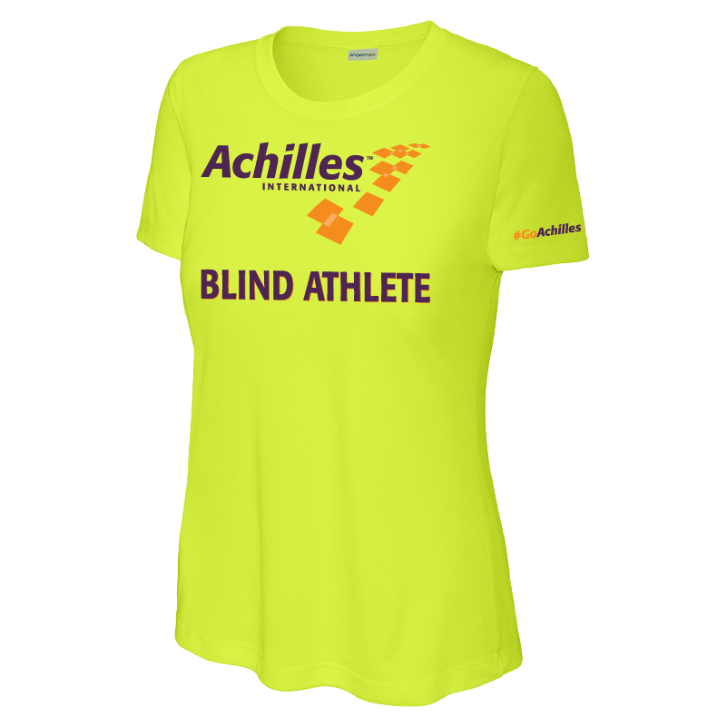 Neon Yellow womens t-shirt with 'Achilles International Blind Athlete' text on the front.