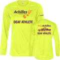 Front and back view of neon yellow womens long sleeve t-shirt. The front reads ' Achilles International Deaf Athlete' and the back has a graphic of people running with the text "#GoAchilles Deaf Athlete.'