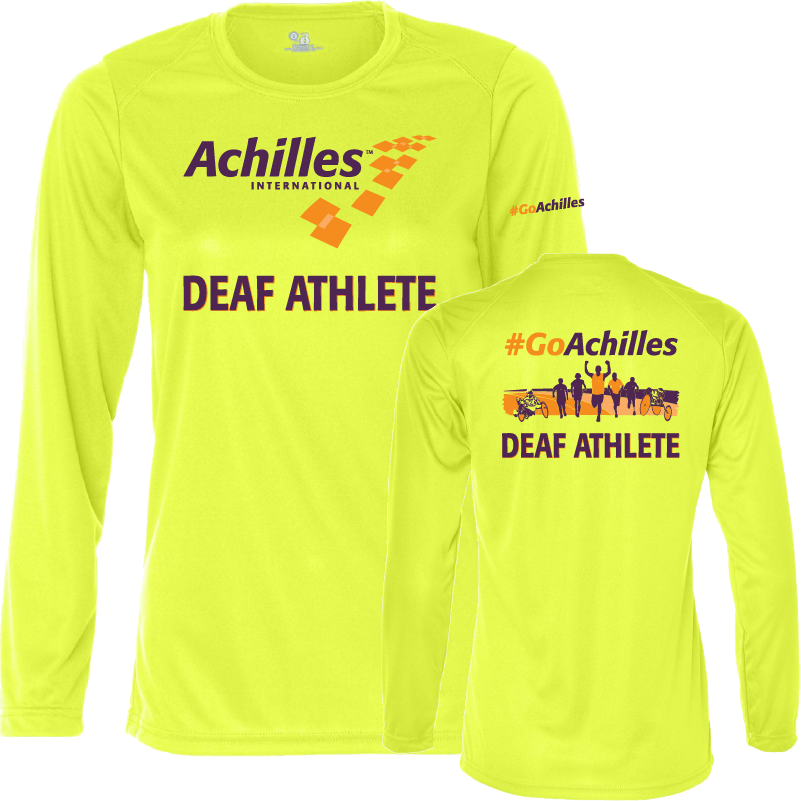 Front and back view of neon yellow womens long sleeve t-shirt. The front reads ' Achilles International Deaf Athlete' and the back has a graphic of people running with the text "#GoAchilles Deaf Athlete.'
