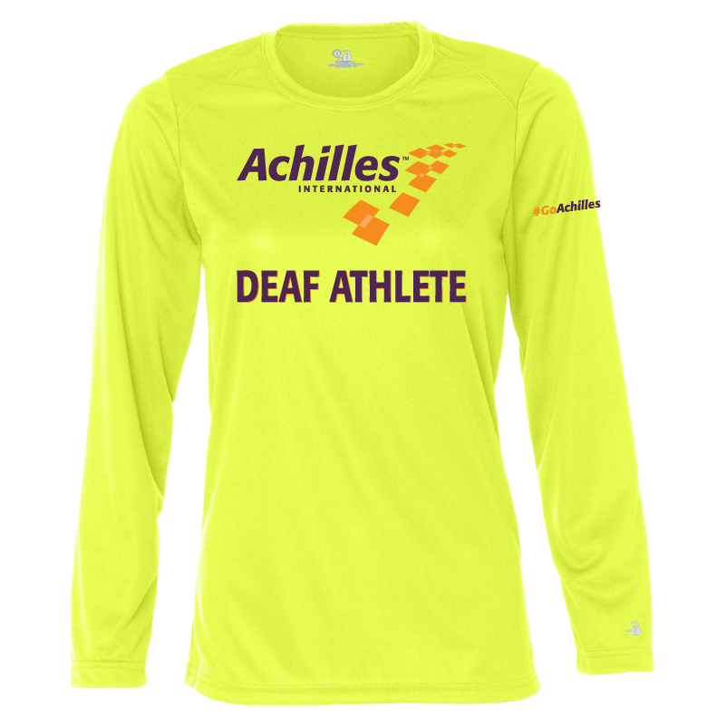 Neon Yellow womens long sleeve t-shirt with 'Achilles International Deaf Athlete' text on the front.