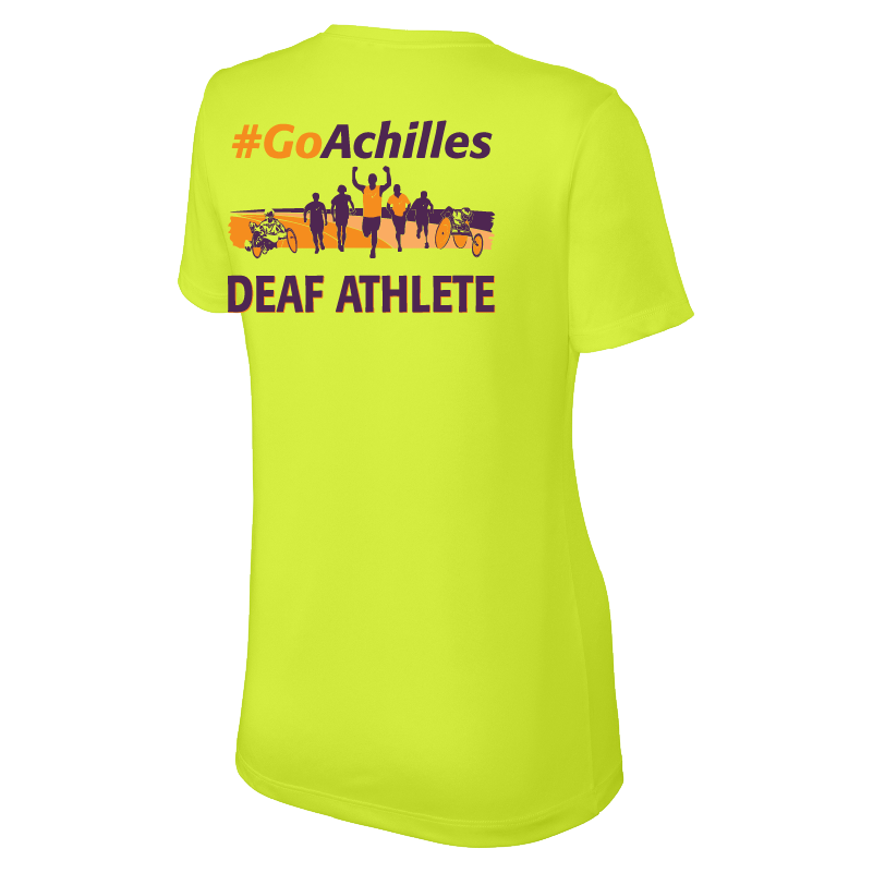 Neon Yellow womens t-shirt with '#GoAchilles Deaf Athlete' text on back of shirt. There is a graphic of athletes running.