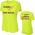 Front and back view of neon yellow womens t-shirt. The front reads ' Achilles International Deaf Athlete' and the back has a graphic of people running with the text "#GoAchilles Deaf Athlete.'