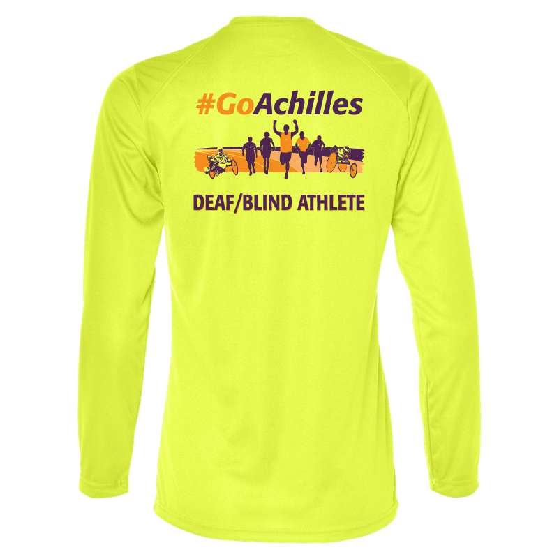 Neon Yellow womens long sleeve t-shirt with '#GoAchilles Deaf/Blind Athlete' text on back of shirt. There is a graphic of athletes running.