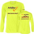 Front and back view of neon yellow womens long sleeve t-shirt. The front reads ' Achilles International Deaf/Blind Athlete' and the back has a graphic of people running with the text "#GoAchilles Deaf/Blind Athlete.'