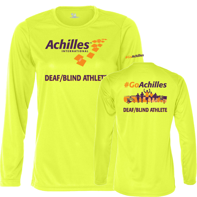 Front and back view of neon yellow womens long sleeve t-shirt. The front reads ' Achilles International Deaf/Blind Athlete' and the back has a graphic of people running with the text "#GoAchilles Deaf/Blind Athlete.'