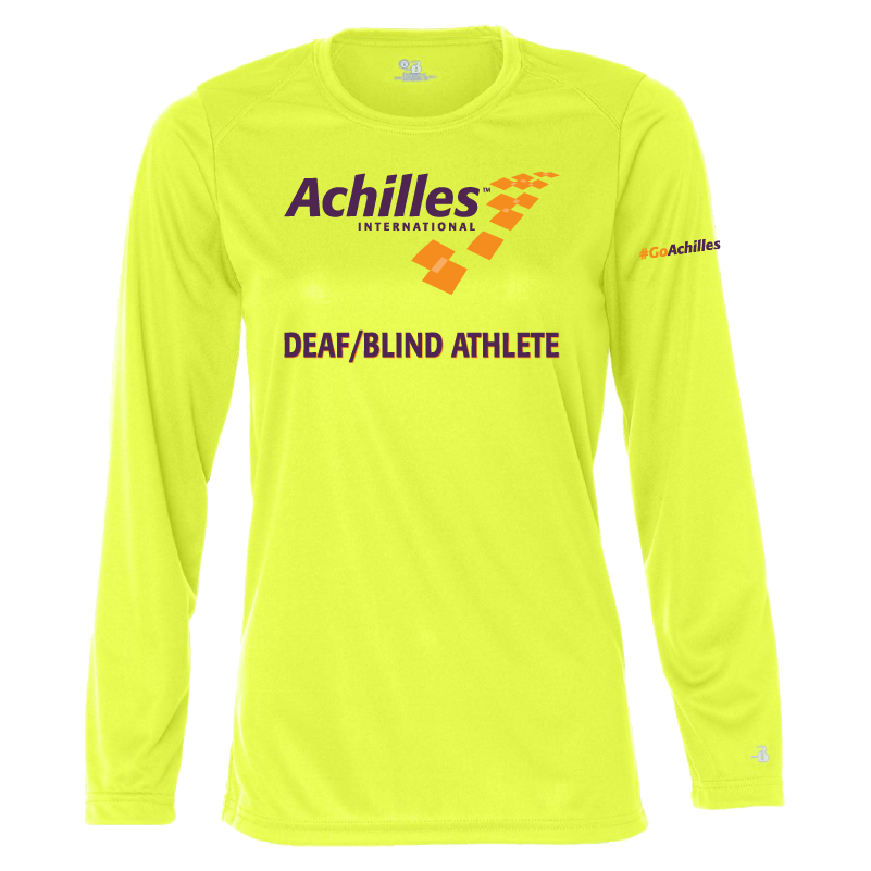Neon Yellow womens long sleeve t-shirt with 'Achilles International Deaf/Blind Athlete' text on the front.