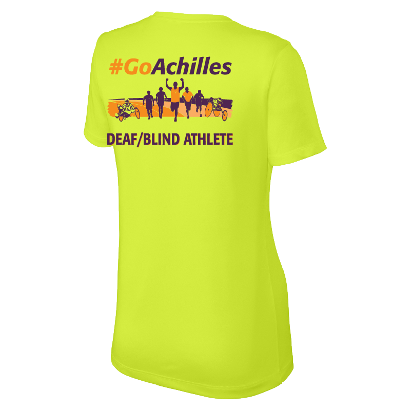 Neon Yellow womens t-shirt with '#GoAchilles Deaf/Blind Athlete' text on back of shirt. There is a graphic of athletes running.