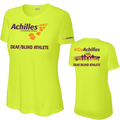 Front and back view of neon yellow womens t-shirt. The front reads ' Achilles International Deaf/Blind Athlete' and the back has a graphic of people running with the text "#GoAchilles Deaf/Blind Athlete.'