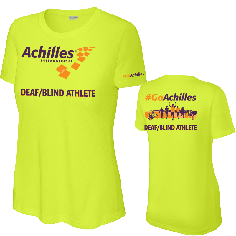 Front and back view of neon yellow womens t-shirt. The front reads ' Achilles International Deaf/Blind Athlete' and the back has a graphic of people running with the text "#GoAchilles Deaf/Blind Athlete.'