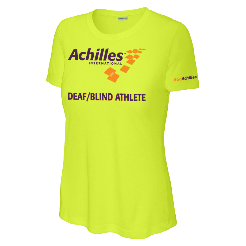 Neon Yellow womens t-shirt with 'Achilles International Deaf/Blind Athlete' text on the front.