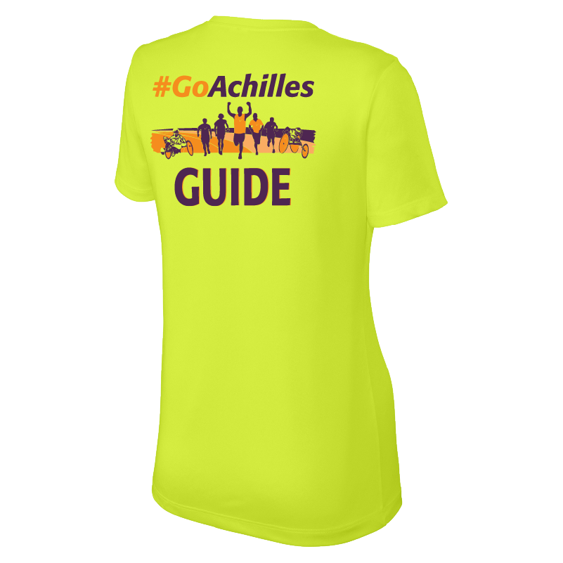 Safety Yellow t-shirt with '#GoAchilles' and 'GUIDE' text on a white background