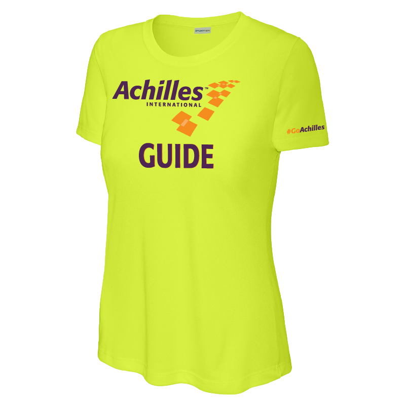 Safety Yellow t-shirt with Achilles International Guide text on a white background