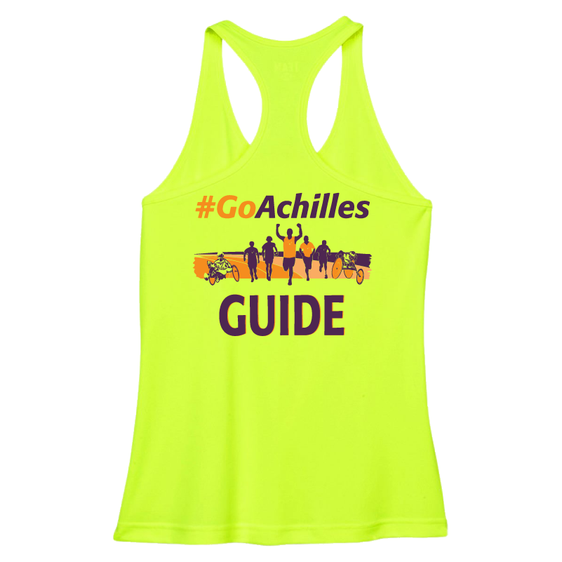 Safety Yellow tank top with '#Go Achilles' and 'GUIDE' text on a white background