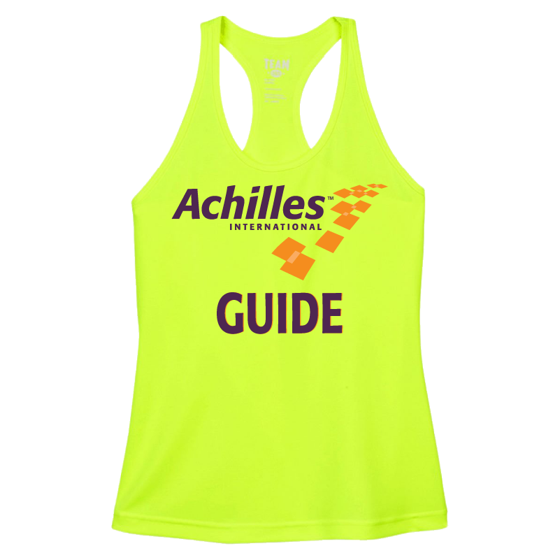Safety Yellow tank top with Achilles International Guide logo on a white background