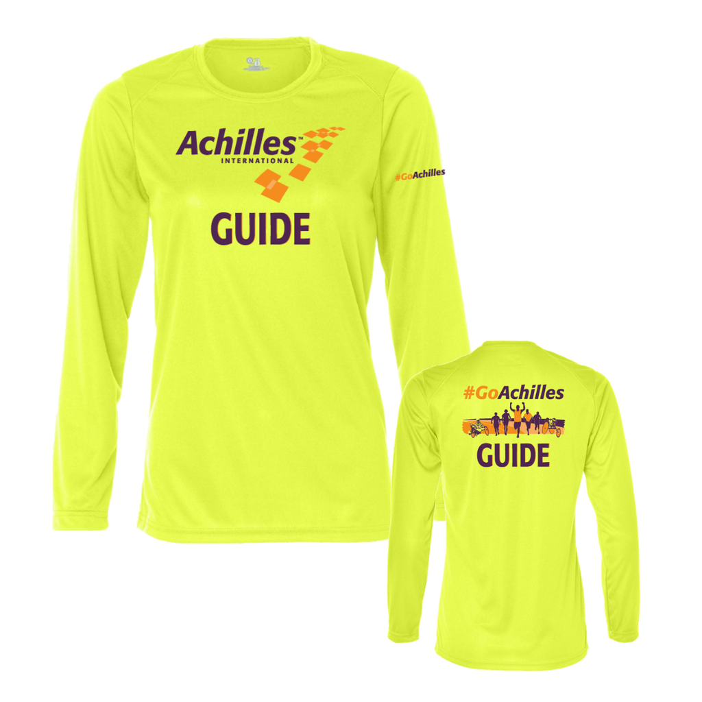 Safety yellow long-sleeve shirt with Achilles International branding on a white background