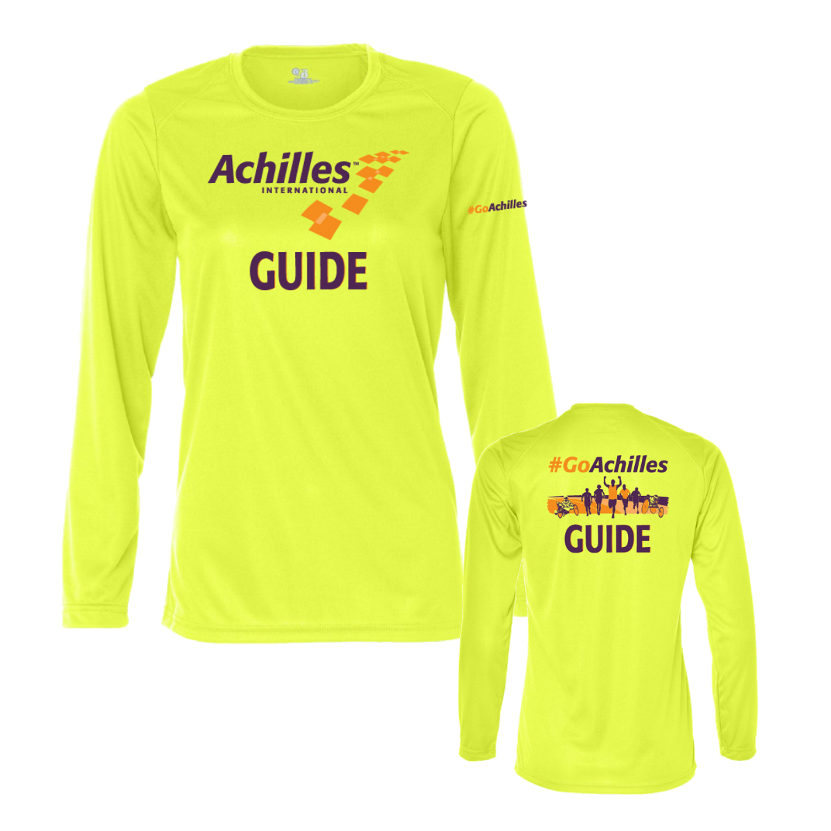 Safety yellow long-sleeve shirt with Achilles International branding on a white background