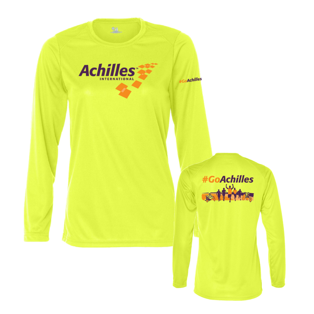 Safety Yellow long-sleeve shirt with Achilles branding on a white background