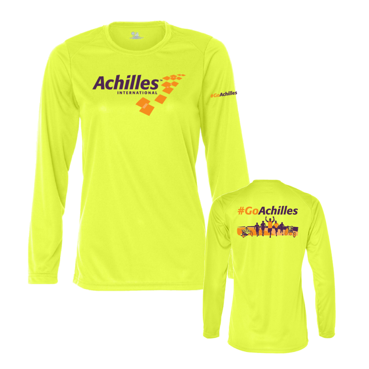 Safety Yellow long-sleeve shirt with Achilles branding on a white background