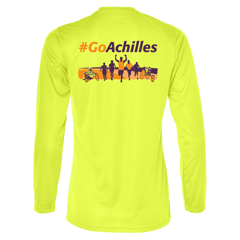 Safety yellow long-sleeve shirt with '#GoAchilles' text and graphic on the back.