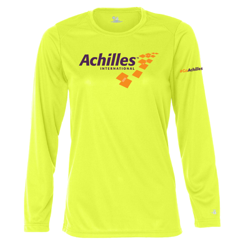 Safety Yellow long-sleeve shirt with Achilles International logo on a white background