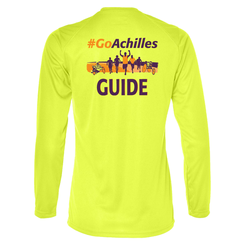 Safety Yellow long-sleeve shirt with '#GoAchilles' and 'GUIDE' text on a white background