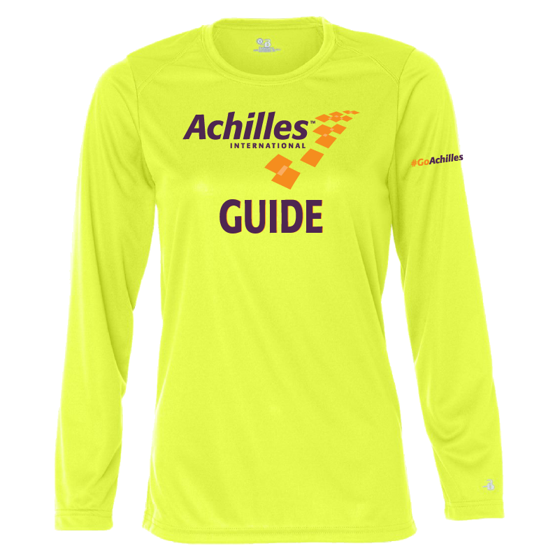 Safety Yellow long-sleeve shirt with Achilles International and Guide text on a white background