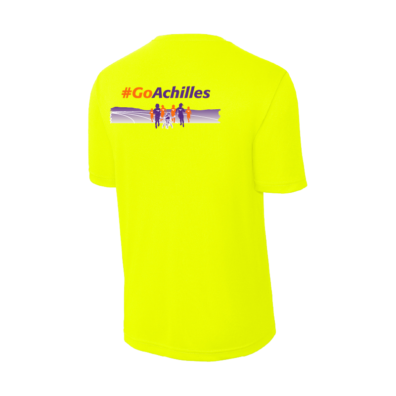 Neon Yellow t-shirt with '#GoAchilles' text and graphic on a white background
