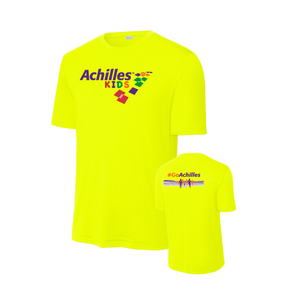 Neon Yellow t-shirt with Achilles Kids logo on a white background