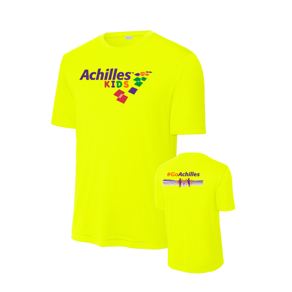 Neon Yellow t-shirt with Achilles Kids logo on a white background