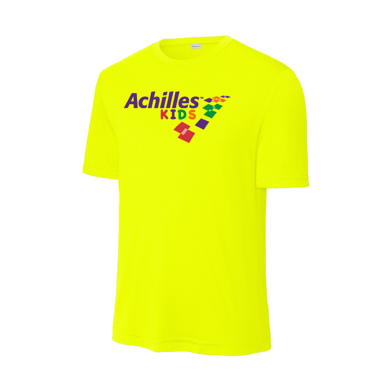 Neon Yellow t-shirt with 'Achilles Kids' logo on a white background