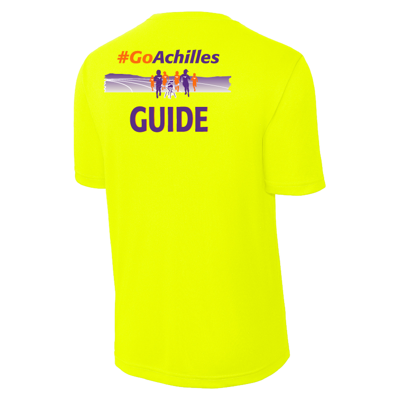 Neon Yellow t-shirt with '#GoAchilles' and 'GUIDE' text on a white background