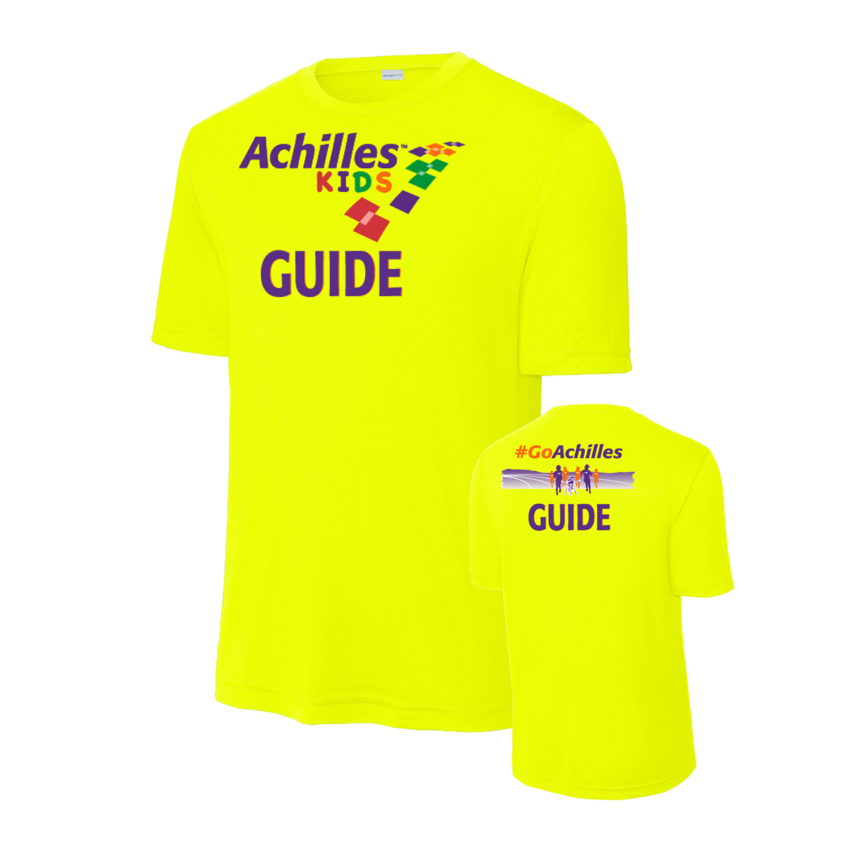 Neon Yellow t-shirts with 'Achilles Kids Guide' text on a white background