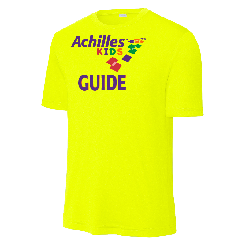 Neon Yellow t-shirt with 'Achilles Kids Guide' text on a white background