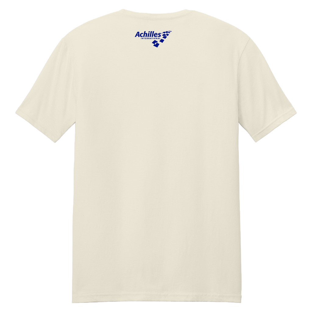 The back of a short-sleeve t-shirt in cream, featuring a blue 'Achilles International' logo printed on the upper back.