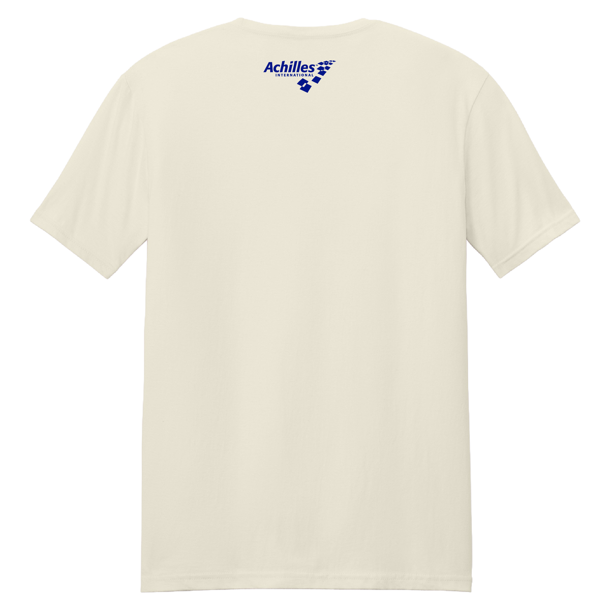 The back of a short-sleeve t-shirt in cream, featuring a blue 'Achilles International' logo printed on the upper back.