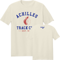 Front and back views of a cream-colored short-sleeve t-shirt. The front features a blue and red graphic with the text 'ACHILLES TRACK C' and 'EST. 1983', as well as an apple and running silhouette. The back has a blue 'Achilles International' logo in the upper center back.