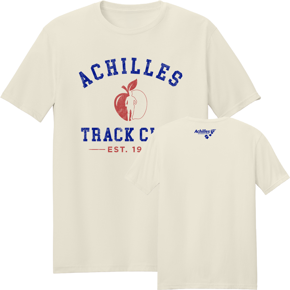 Front and back views of a cream-colored short-sleeve t-shirt. The front features a blue and red graphic with the text 'ACHILLES TRACK C' and 'EST. 1983', as well as an apple and running silhouette. The back has a blue 'Achilles International' logo in the upper center back.