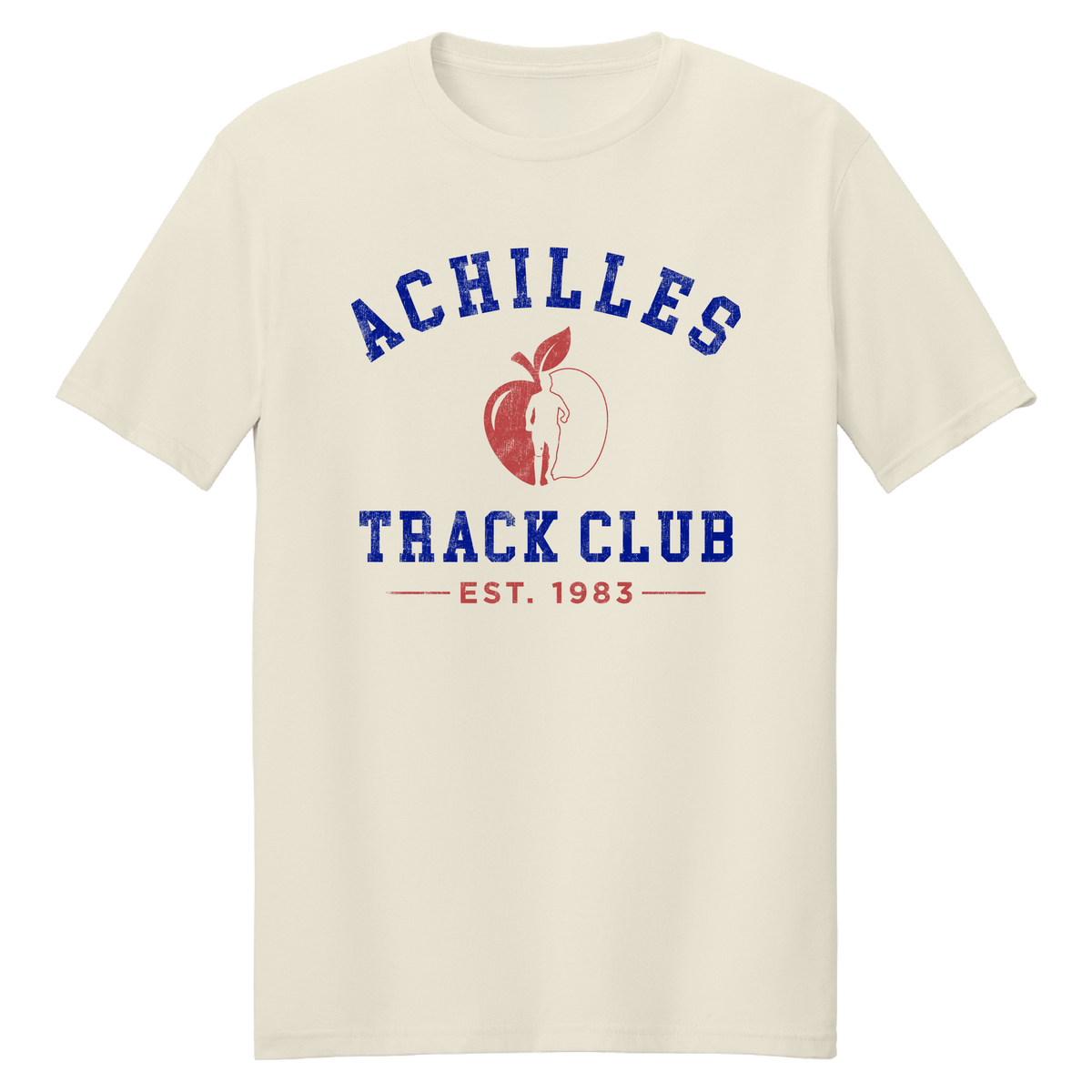 A cream short-sleeve t-shirt with a graphic on the chest reading 'ACHILLES TRACK CLUB' in blue, featuring a red apple illustration and running silhouette and 'EST. 1983' underneath.