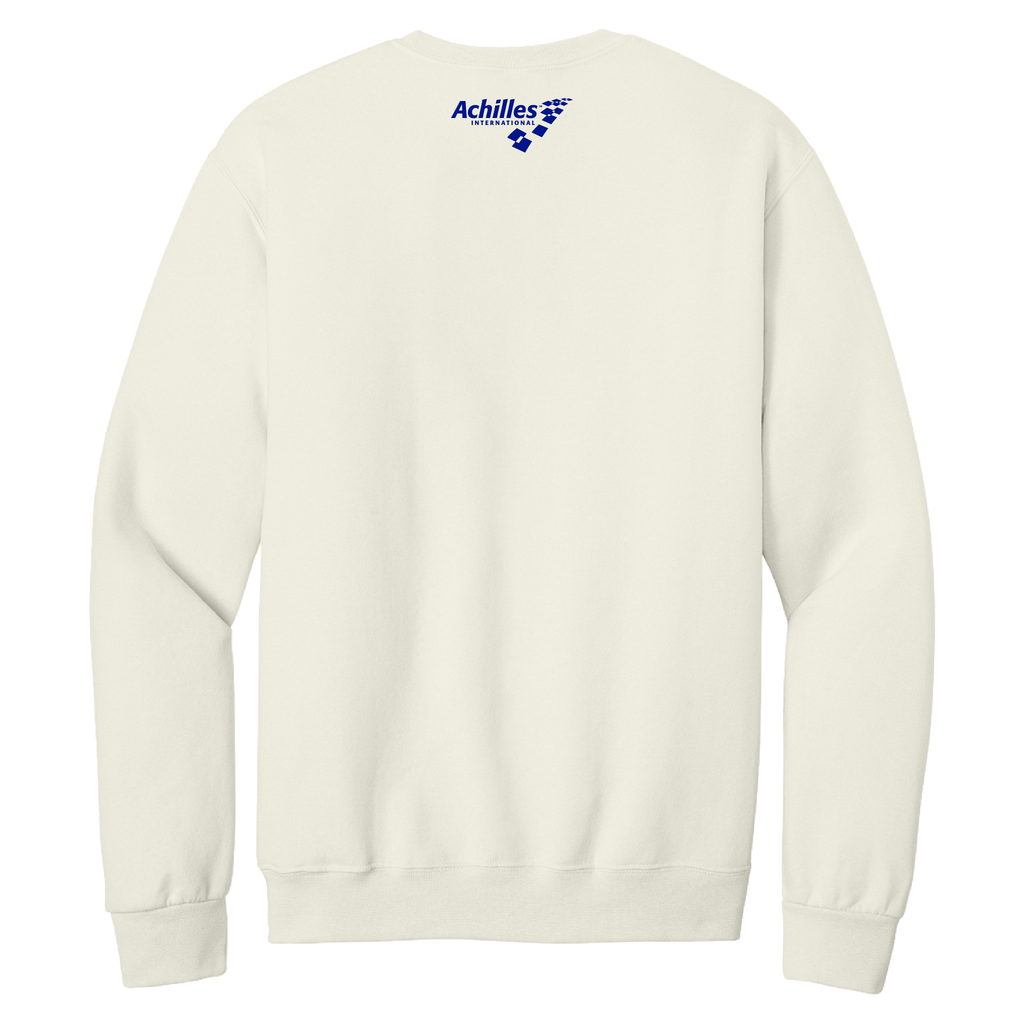 A cream crewneck sweatshirt shown from the back, featuring a small blue 'Achilles International' logo printed at the upper center neck.