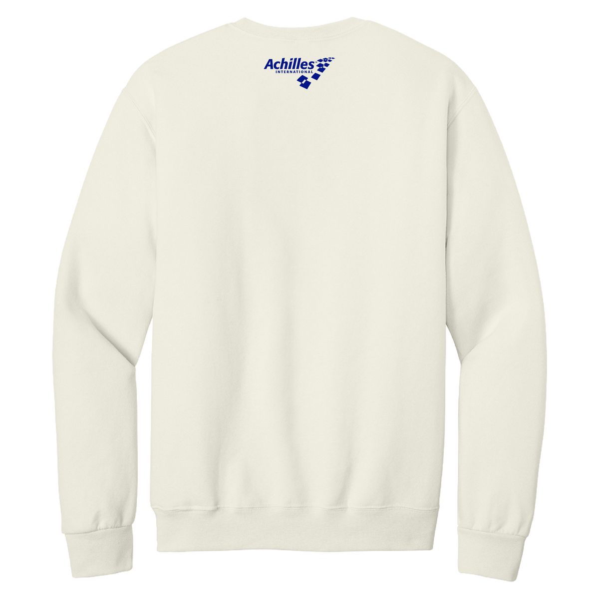 A cream crewneck sweatshirt shown from the back, featuring a small blue 'Achilles International' logo printed at the upper center neck.