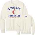 A cream crewneck sweatshirt shown from both front and back. The front features a blue graphic reading 'ACHILLES TRACK CLUB' with a red apple logo with a running silhouette in the center and 'EST. 1983' below 'track club'.